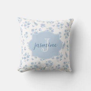 Coussin Motif bleu aquarelle avec monogramme de nom Toile
