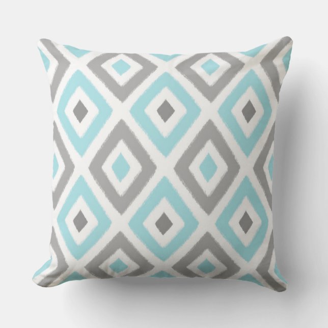 Coussin Motif bleu-clair et gris de diamant d'Ikat (Recto)