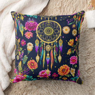 Coussin Motif bohème mystique fleurs marine or