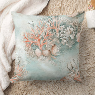 Coussin Motif botanique de coquille d'océan Aqua doux