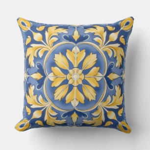 Coussin Motif botanique méditerranéen - Bleu et Jaune