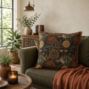 Coussin Motif botanique terracotta sage boho foncé