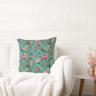 Coussin Motif brodé de chinoiserie turquoise