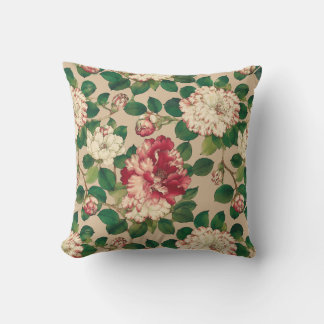 Coussin Motif Camélia Japonais. Rose foncé sur beige