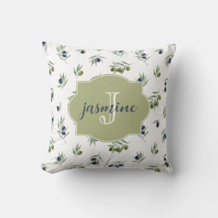 Coussin Motif chic aquarelle monogramme nom vert olive