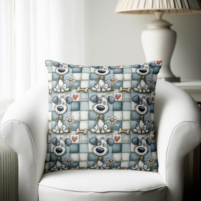Coussin Motif chien patchwork bleu et gris (Créateur téléchargé)