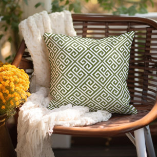 Coussin Motif clé grec vert olive et blanc