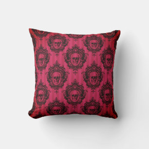 Coussin Motif Crânes Noirs Victorien Halloween Rouge