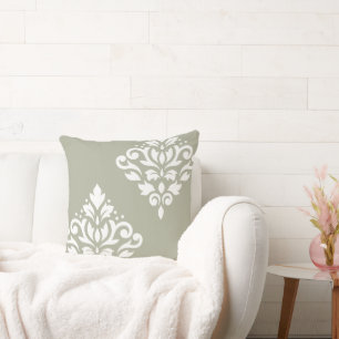Coussin Motif damassé à volutes Art I blanc sur vert
