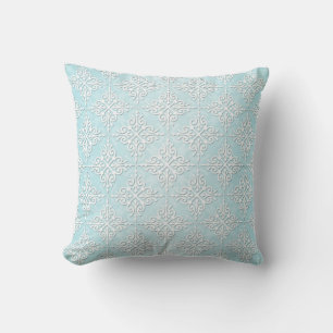 Coussin Motif damassé bleu sarcelle pastel et blanc