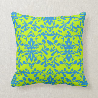 Coussin motif damassé oiseau bleu vif vert citron funky