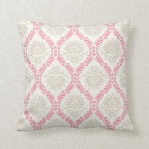 Coussin motif damassé taupe et crème rose melon