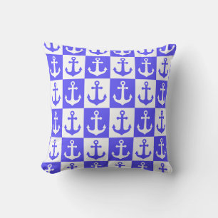 Coussin Motif d'ancre de bateau à carreaux - Bleu océan