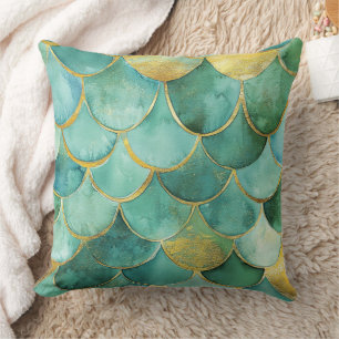 Coussin Motif d'aquarelle Gold Aqua Mermaid
