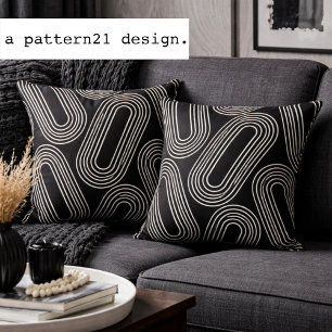 Coussin motif d'art linéaire moderne noir et blanc