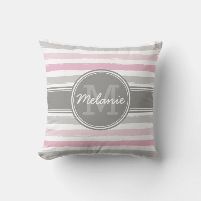 Coussin Motif de bandes de peinture rose et gris monogramm (Recto)