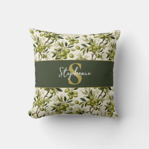 Coussin Motif de branche d'olive Monogramme Méditerranéen