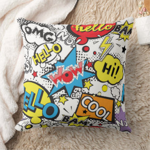 Coussin Motif de bulle de dialogue d'art pop de bande dess