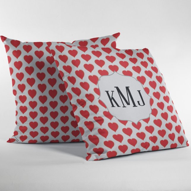 Coussin Motif de coeur de Monogramme rouge personnalisé (Cute heart pattern monogram pillow. )
