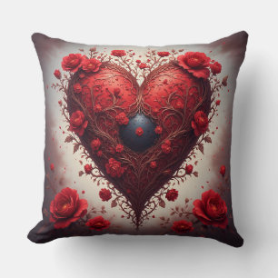 Coussin Motif de cœur floral rouge avec des fleurs épanoui