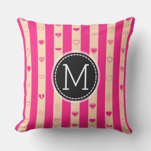 Coussin Motif de cœur moderne en bandes rose chaud Monogra