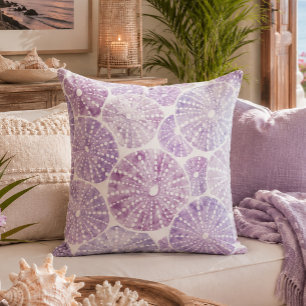 Coussin Motif de coquille d'oursin à l'aquarelle violet