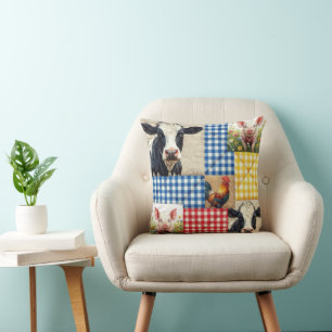 Coussin Motif de Courtepointe d'Animaux de Ferme