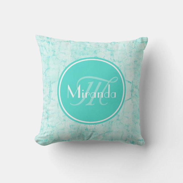 Coussin Motif De Crackle À La Menthe Aqua Avec Monogramme (Recto)