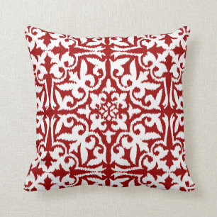 Coussin Motif de damassé d'Ikat - rouge foncé et blanc