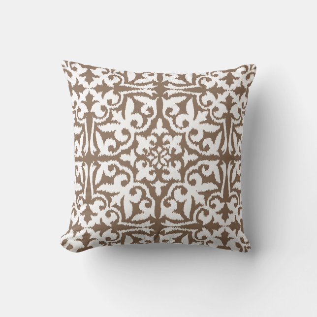Coussin Motif de damassé d'Ikat - Taupe Tan et blanc (Recto)