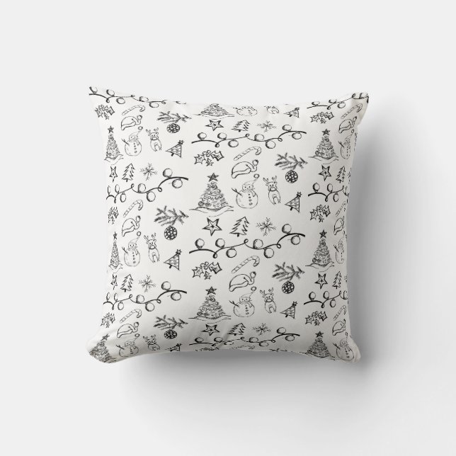Coussin Motif de dessins de Noël noir et blanc (Recto)