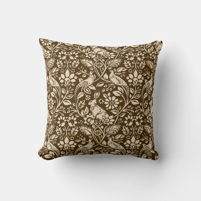 Coussin Motif de faisan et lièvre, Brown et beige (Recto)