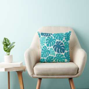 Coussin Motif de feuille de Monstera Tropical en bleu et T