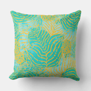 Coussin Motif de feuilles tropicales Jaune vert turquoise