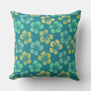 Coussin Motif de fleur d'hibiscus sarcelle tropical