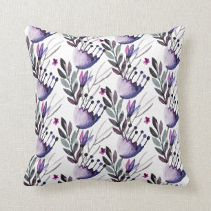 Coussin Motif de fleurs pourpre et gris d'aquarelle