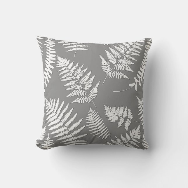 Coussin Motif de fougères de bois, gris / gris et blanc (Recto)