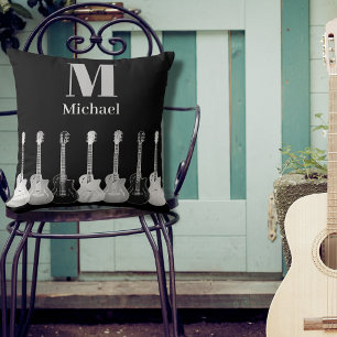 Coussin Motif de guitare cool Monogramme noir et gris