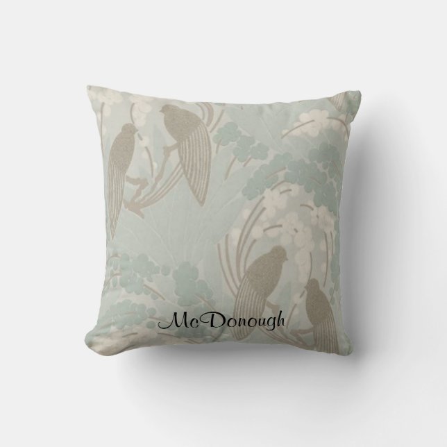 Coussin Motif de jardin de paradis de Taupe et de bleu (Recto)