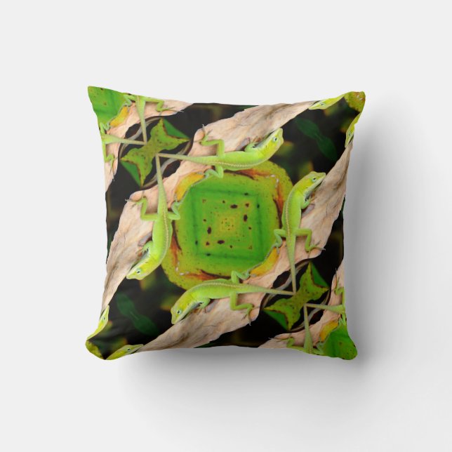 Coussin motif de lézard vert abstrait noir (Recto)