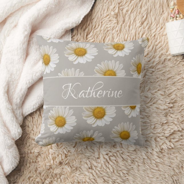 Coussin Motif de marguerite blanche Nom personnalisé Gris (Couverture)