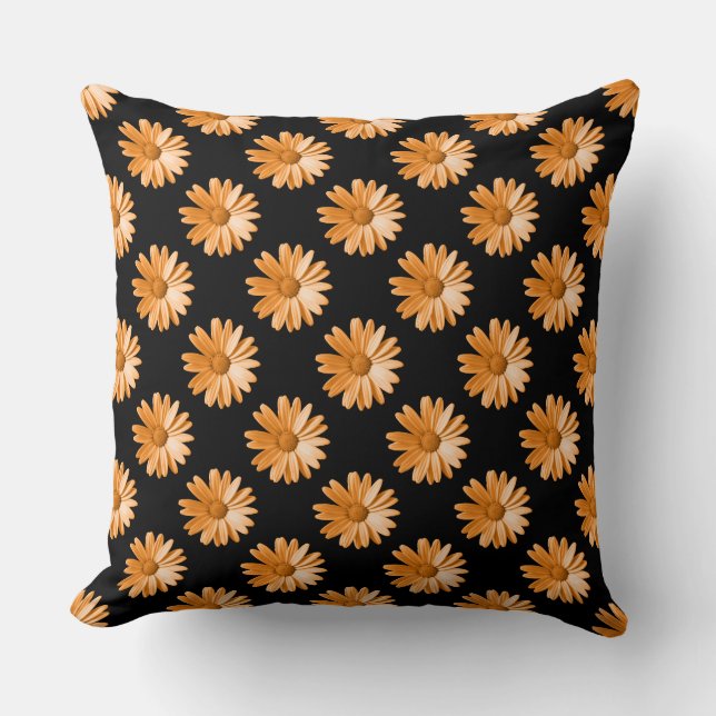 Coussin Motif de marguerite - Orange clair sur noir (Recto)