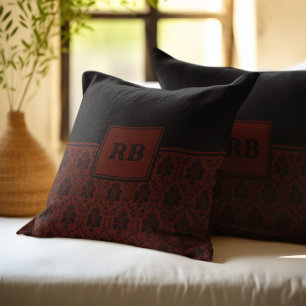 Coussin Motif de monogramme à damas noir et bordeaux