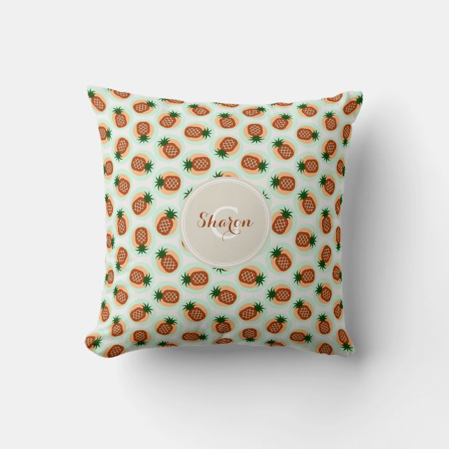 Coussin Motif de monogramme de ananas marron et menthe rét (Recto)