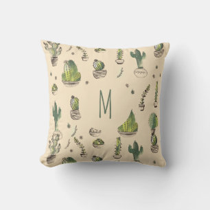 Coussin Motif de monogramme d'illustration de cactus