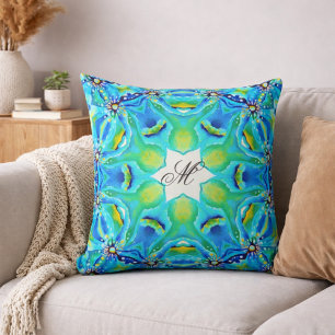 Coussin Motif de monogramme mandala turquoise Art bleu ver