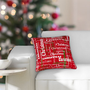 Coussin Motif de mots répétés Rouge Blanc Noël