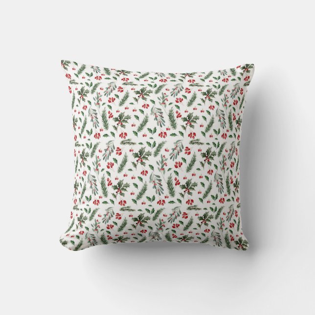 Coussin Motif de Noël avec baies et feuilles vertes (Recto)