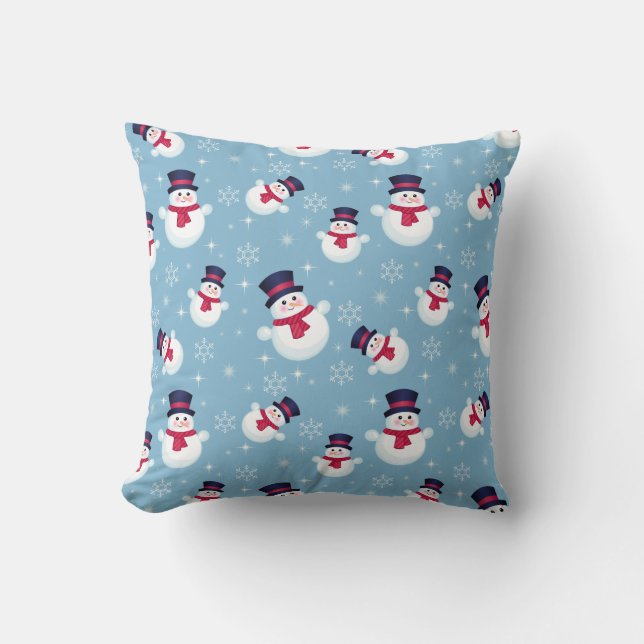 Coussin Motif De Noël Bleu Avec Snowmen Et Snowflakes (Recto)