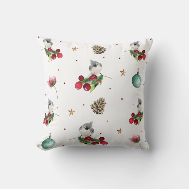 Coussin Motif de Noël de la souris touflée aux oiseaux d'h (Recto)